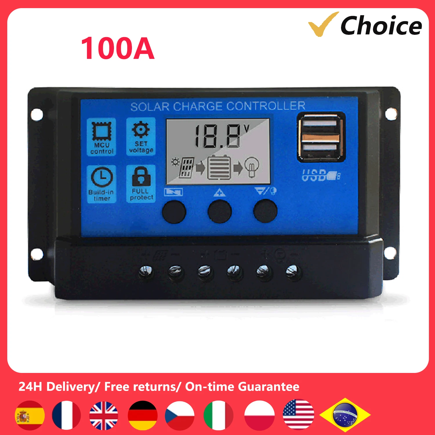 100A Solar Charge Controller, Upgraded Solar Panel USB Port Solar Panel Battery Intelligent Regulator, Street Light Controller