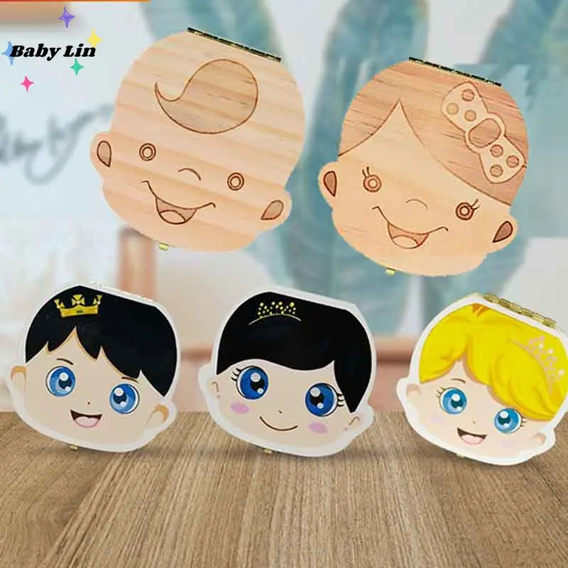 

New Baby Wood Tooth Box Organizer Milk Teeth Storage Language Spain English Collect Teeth Umbilica Save Gifts Baby Tooth Box