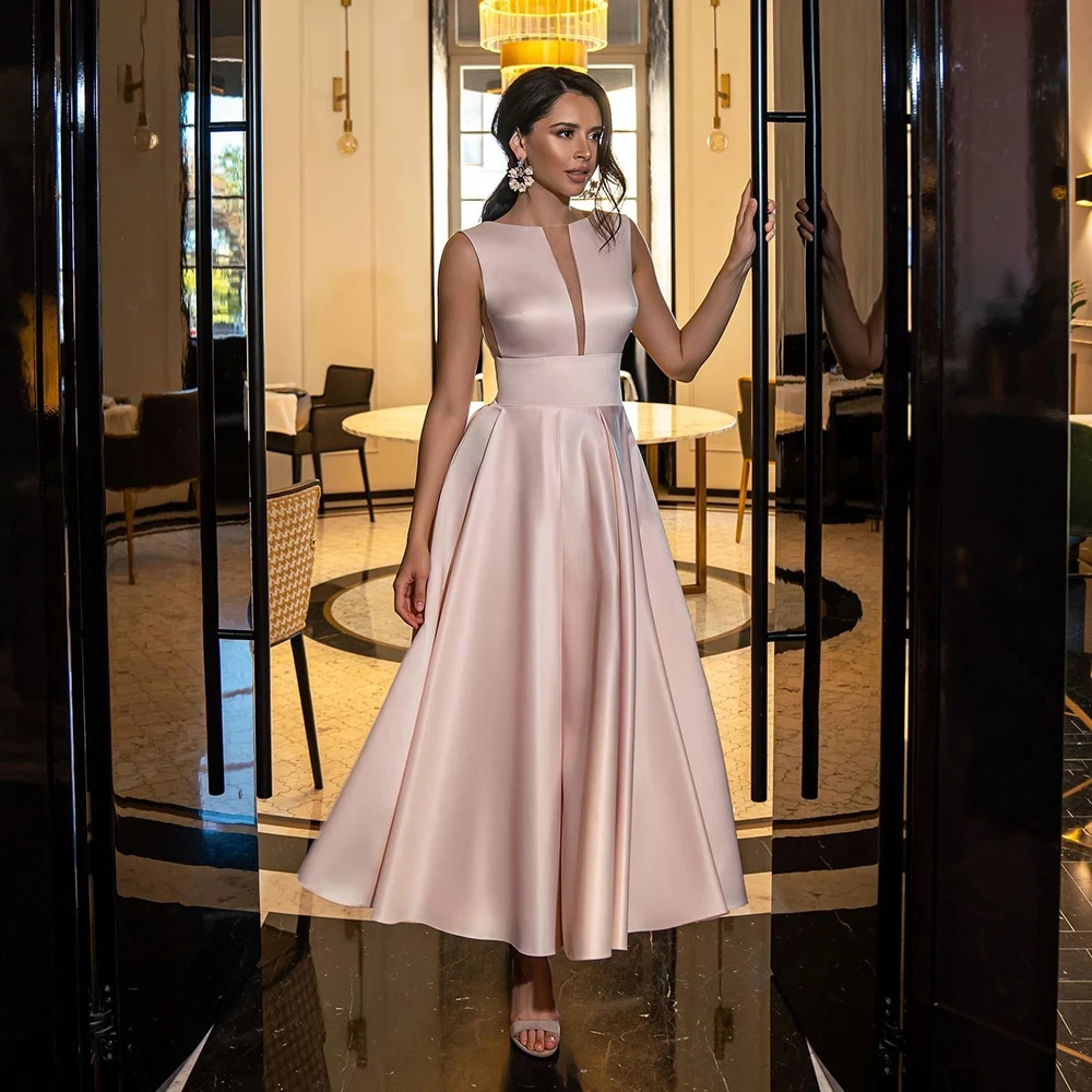 

Elegant Tea-Length Satin Evening Dress Illusion V-Neck Sleeveless Evening Gowns 2024 Sexy Backless A-Line Prom Dresses