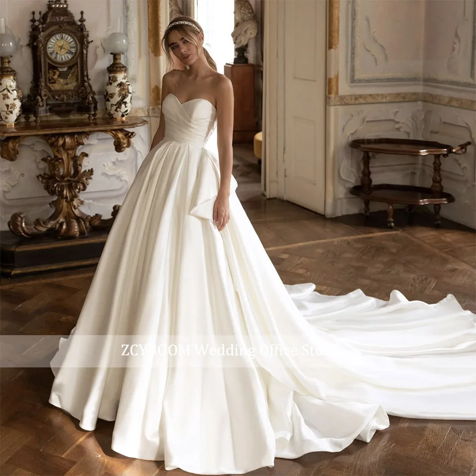 Elegantes, ärmelloses Brautkleid aus Satin mit Herzausschnitt, A-Linie, Prinzessinnen-Stil, rückenfrei, mit Schleppe, für Damen, Brautkleid 2026, Vestido De Noiva – Detail 3