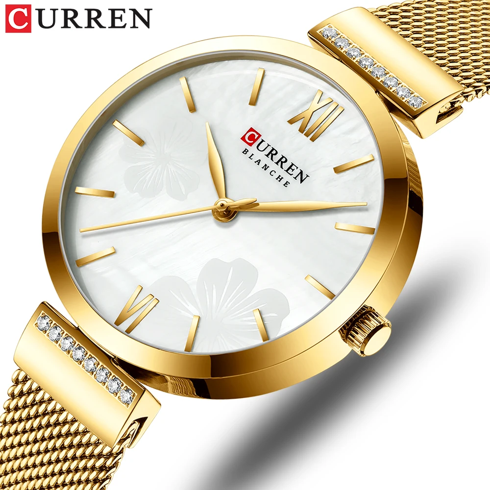 CURREN-Relógio de quartzo em aço inoxidável feminino, bracelete elegante, relógio feminino, vestido feminino, moda luxuosa, dourado