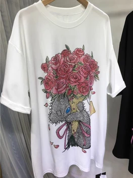 Plus Size Tops For Women Flower Graphic Tees Short Sleeve Rhinestone T Shirts Casual Summer Oversized 4