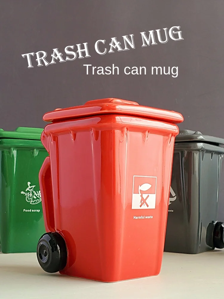 

Trash Can Creativity Mug Cup Ceramic Coffee Mugs with Spoon Lid Milk Tea Office Cups Household Large Capacity Drinkware Gift