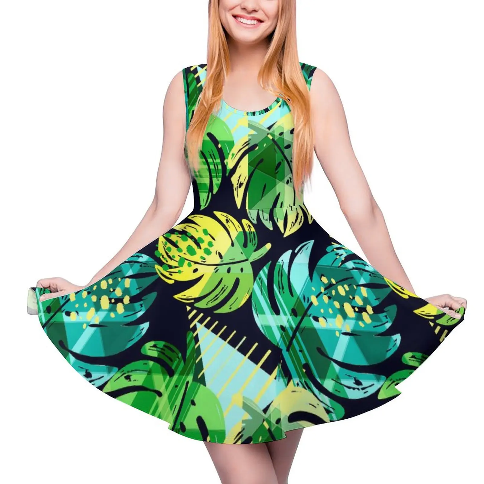 

Tropical Leaf Print Dress Green And Yellow Night Club Dresses Sleeveless Streetwear Pattern Skate Dress Summer Oversize Clothes