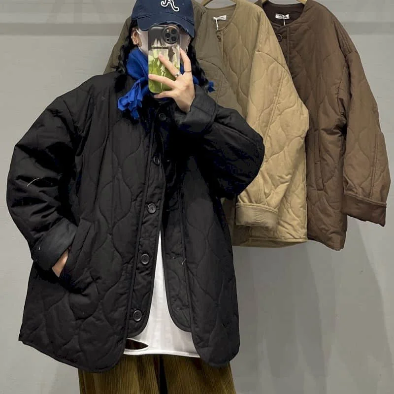 thumbnail image 1 of Chaquetas para mujer Otoño Diseño de rana rómbica sólida Prendas de abrigo Cárdigans de manga larga de gran tamaño Abrigos vintage casuales Tops de mujer, 1 of 4