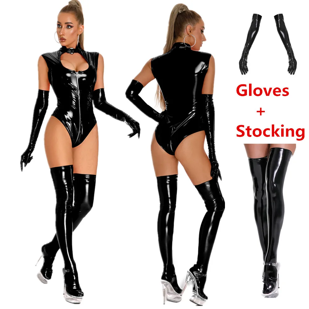 

Latex Suit Sexy Women Bodysuit Faux Leather Catsuit Front Zipper Open Crotch Jumpsuits Stretch Bodystocking Erotic Costumes