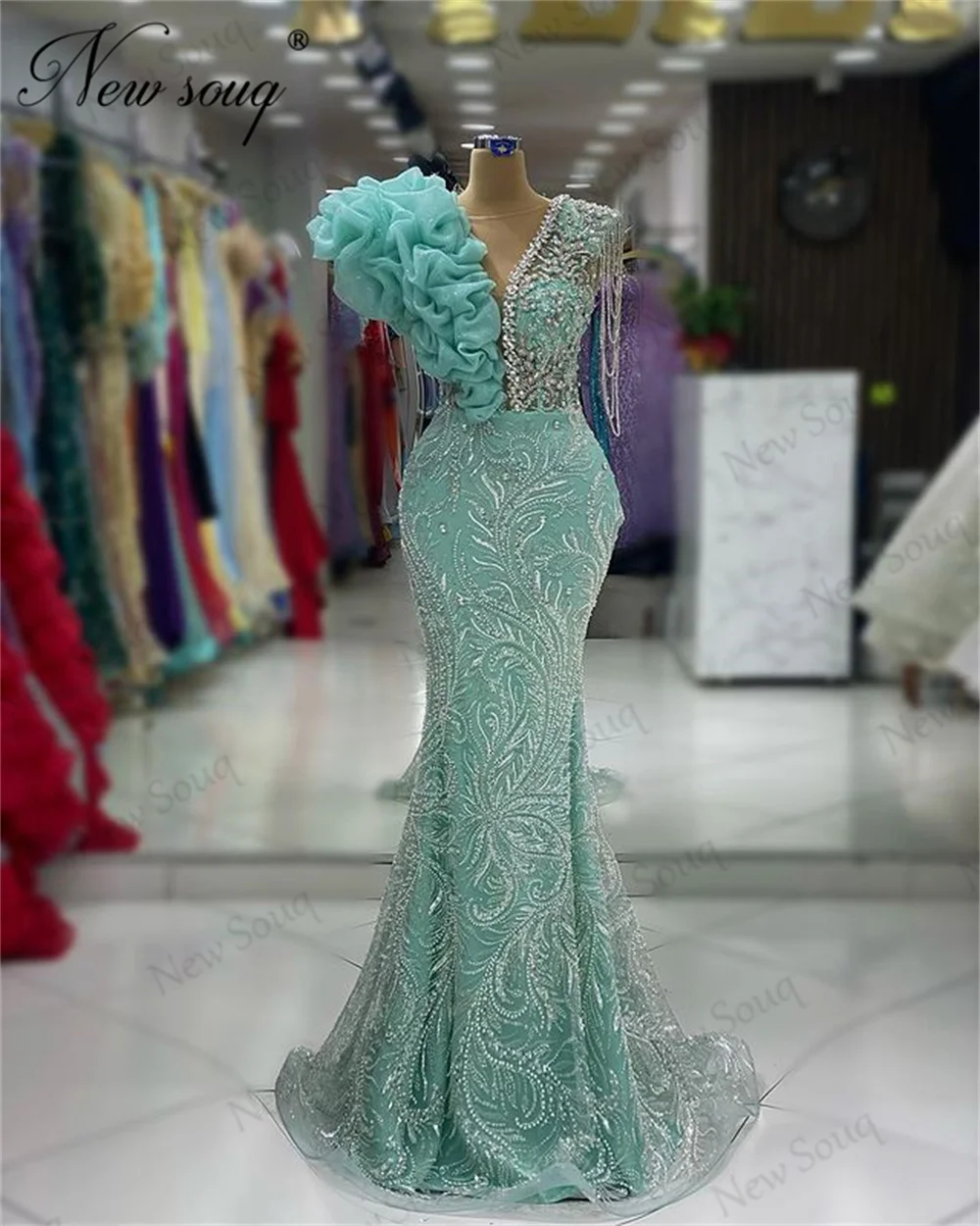 

Dubai Coutures Ruffles Celebrity Dresses For Women Elegant Beaded Cocktail Gowns Robes De Soiree Mermaid Evening Dress For Party