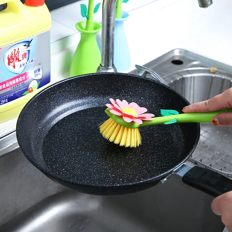 Elegant Purple Gold Floral Long-Handle Dishwashing Brush for Kitchen and Household Cleaning