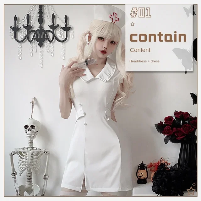 Adult Halloween Sexy Nurse Costume For Women Black White Summer Short Sleeve Nurse Uniform Dress Anime Carnival Party Costumes