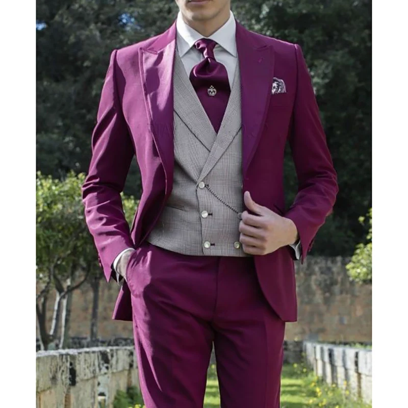 Men Luxury Suits Formal Single Breasted Peak Lapel Slim Fit Prom Party 3 Piece Jacket Pants Vest