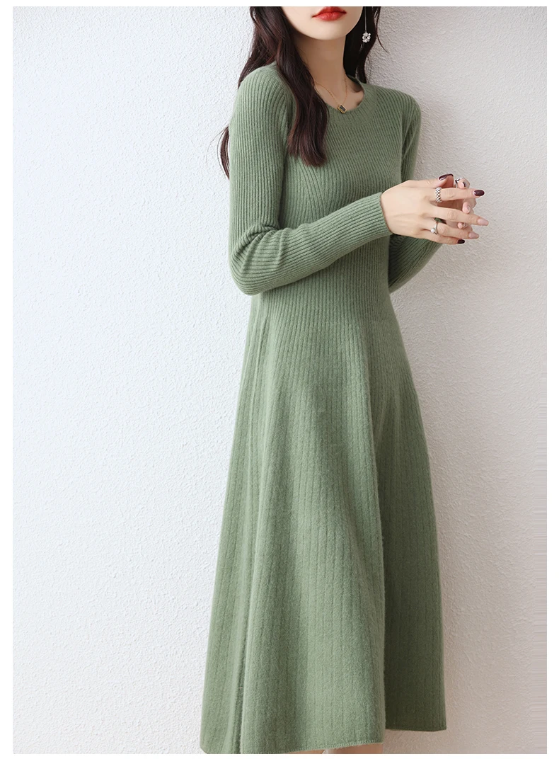 Women's Merino Wool Long Sweater Dress, Round Neck, Striped, Thick, Monochromatic, 100% Merino, Autumn, Winter, New, Official