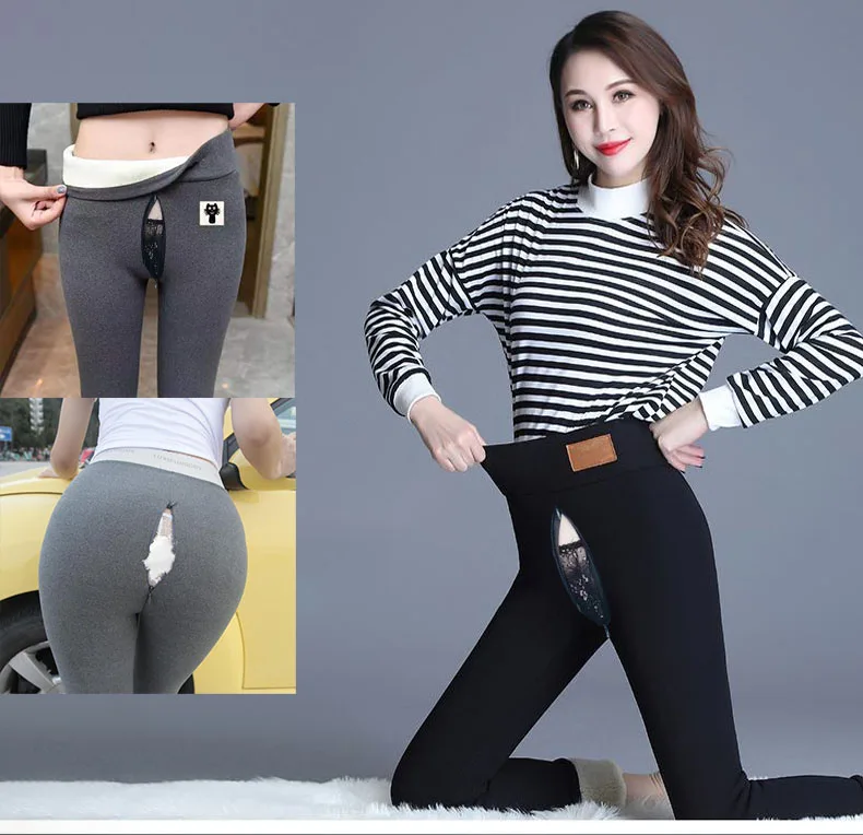 Open Crotch Outdoor Sex Women's Winter Leggings Slimming Velvet Thermal Pants Tight Leggings Skinny Fleece Thick Warm Trousers