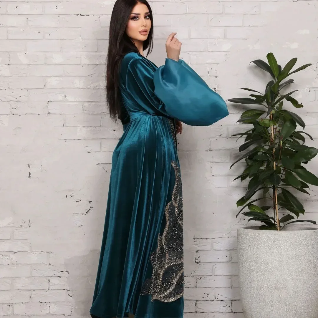 Velvet Autumn Winter Casual Sequins Puff Sleeve V-Neck Dubai Dress with Sashes Moroccan African Women Kaftan Ramadan Abaya Femme