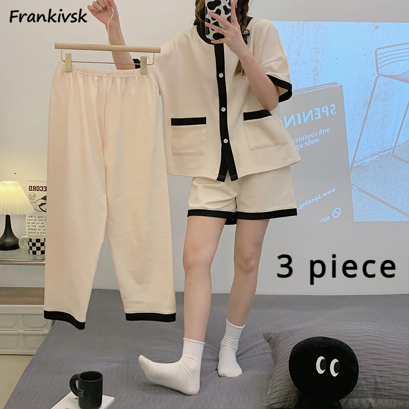 

Пижамный комплект Женский из 3 предметов, простой домашний однобортный нежный дышащий мешковатый ретро-пижамный комплект с эластичным поясом для отдыха, для колледжа, на лето