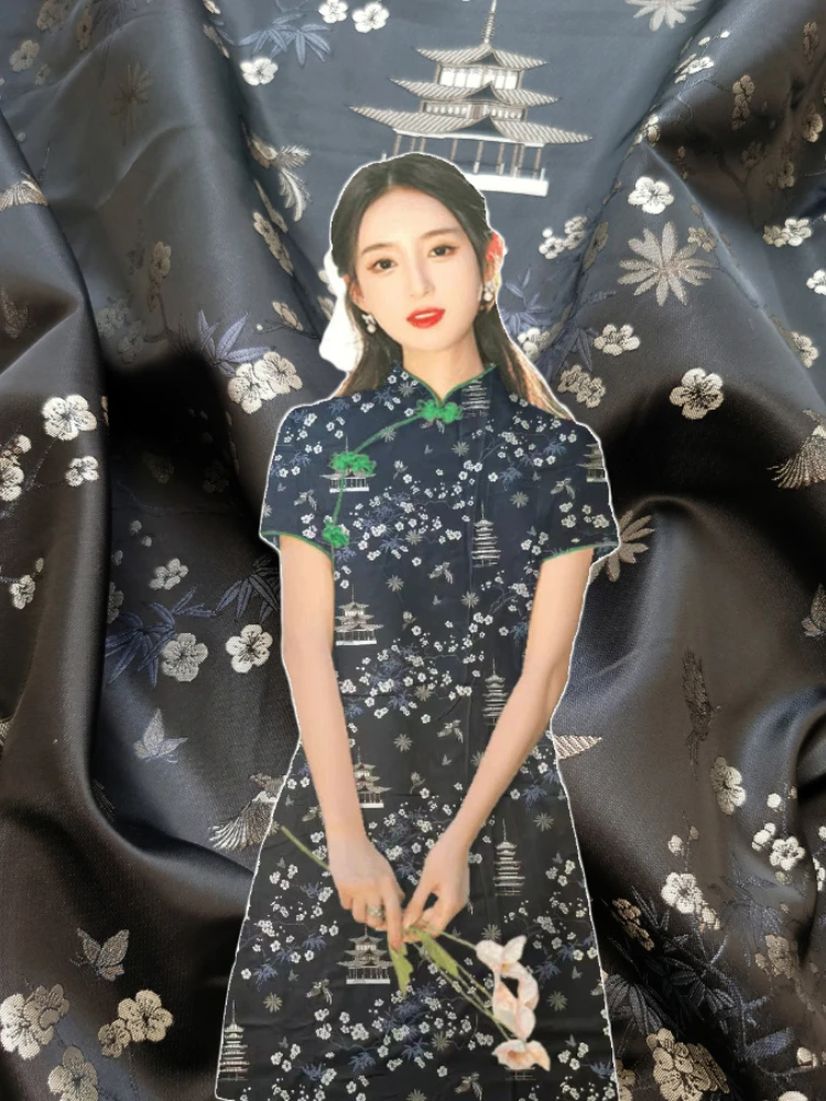 

Черная жаккардовая Золотая парчовая Ткань для шитья платье Чонсам ветровка этнические костюмы традиционная китайская модель