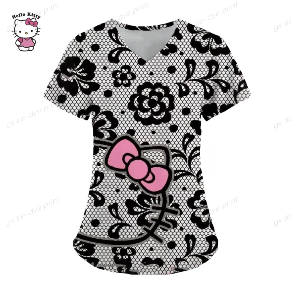 thumbnail image 1 of Camisetas de verano, tops de bolsillo, uniforme de enfermera, Hello Kitty, ropa de mujer con cuello en V, camiseta de hospital, camisetas para mujer 2023, camisetas para mujer, 1 of 5
