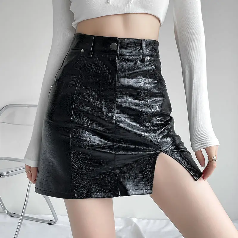 

Women PU Leather Short Split Skirt Alligator Pattern High Waist Slim Hip Pencil Skirts Vintage Bodycon Dress Sexy Clubwear