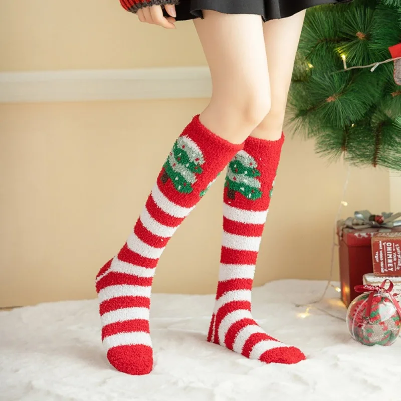 2023 Women's Christmas Socks Party Coral velvet Santa Claus Tree Snowflake Home socks Diagonal Striped Socks New Year Fun Soken 3