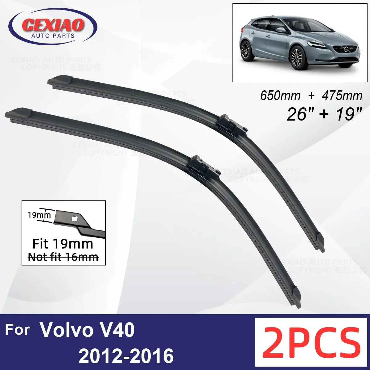 

Автомобильный стеклоочиститель для Volvo V40 2012-2016, передние стеклоочистители, мягкие резиновые стеклоочистители для автомобильного лобового стекла 26 дюймов + 19 дюймов 650 мм + 475 мм
