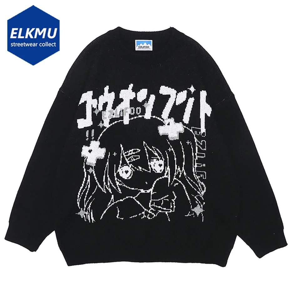 

Goth Anime Sweater Y2K Black White Loose Knitted Sweaters Oversized Hip Hop Harajuku Streetwear Sweater Pullover Knitwear Jumper