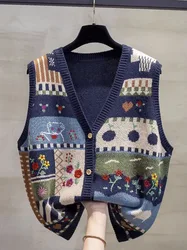 V-neck Knitted Cardigan Vest for Women 2023 Spring Autumn Cartoon Loose Outer Wear Vest Graffiti Sweater Vest Tide Top