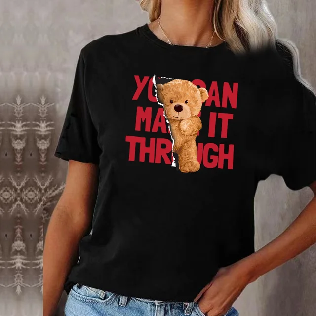 Fashion Bear Print Women T-Shirt Harajuku Round Neck Casual Loose Short Sleeve Summer Slim Soft Tops Clothing Hip Hop Streetwear 2bear013