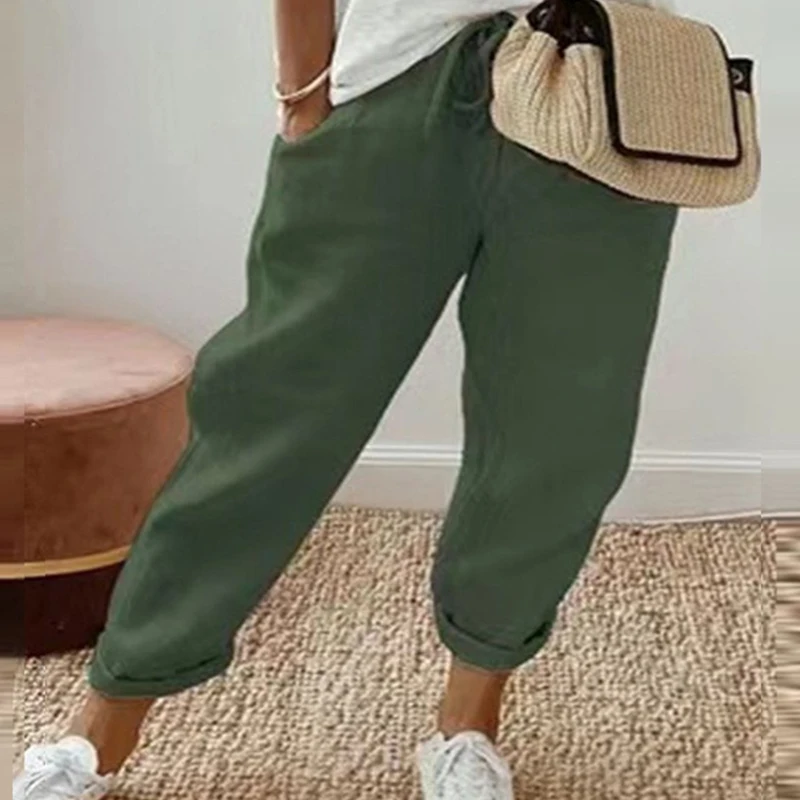 

Women Fashion Solid Lace-Up Trousers Summer Vintage Cotton Linen Elastic Waist Pants Ladies Casual Loose Long Pants Streetwear