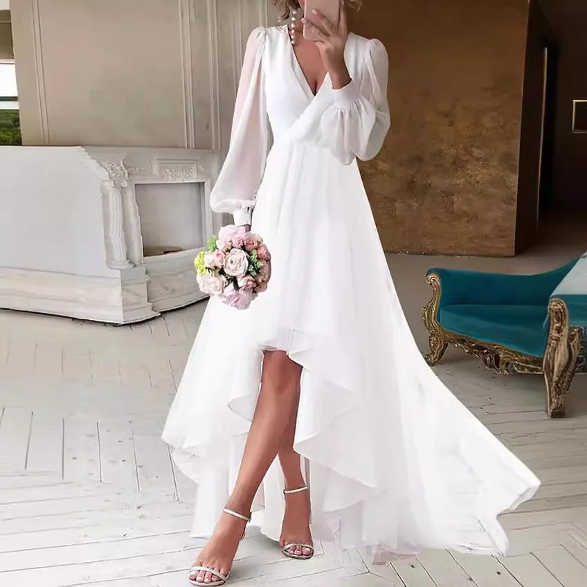 

Women Chiffon Dress Balloon Sleeve Silhouette High Low Hem V-neck Elegant White Mesh Slim Fit Wedding Party Holiday Beach