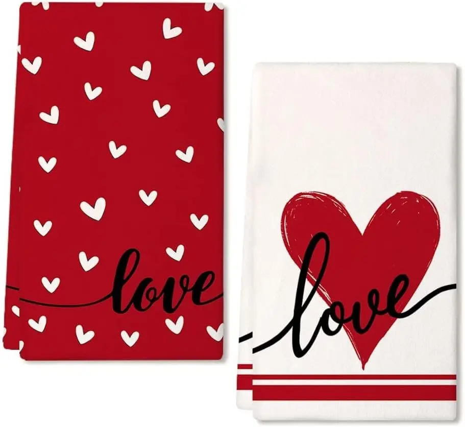 2PCS Valentine's Day Kitchen Towels 40X60CM Red Love Heart Stripe Dish Hand Towels for Wedding Anniversary Cooking Bathroom hand towel,kitchen cleaning cloth