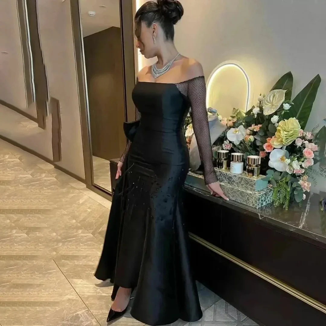 

OEING Strapless Luxury Formal Evening Dress Pleat Sheath Long Sleeves فساتين سهرة Floor Length Elegant Prom Gowns Party Women