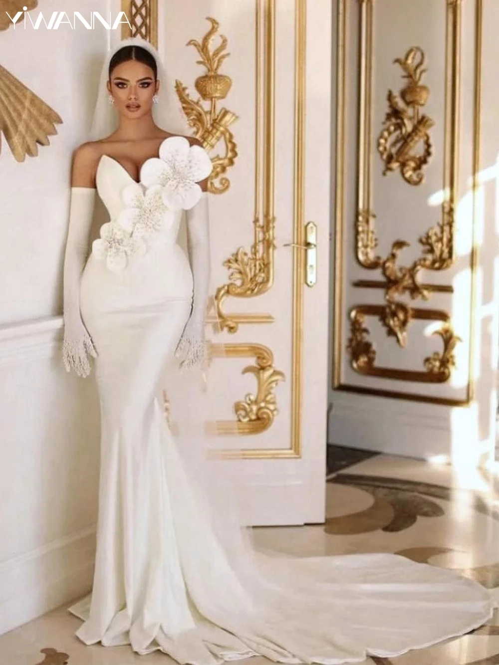 

Sexy Deep V-neck Sleeveless Wedding Dress Classic 3D Flower Pearls Bride Robe Elegant Satin Long Bridal Gown Robe De Mariée