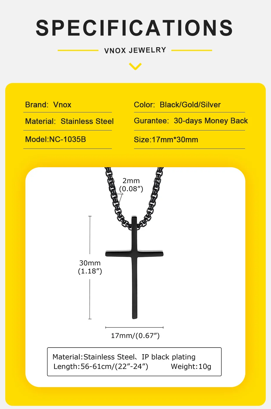 Vnox Simple Unisex Cross Necklaces, Basic Stainless Steel Cross Pendant for Women Men, Christ Prayer Collar, Adjustable Box Chain_voghion.com