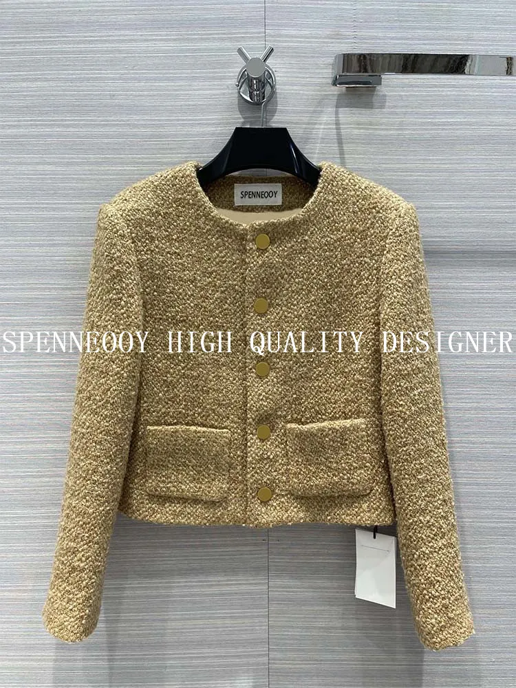 SPENNEOOY-2022 디자이너 싱글 브레스트 골드 트위드 위브 재킷 코트 여성용, 가을 패션