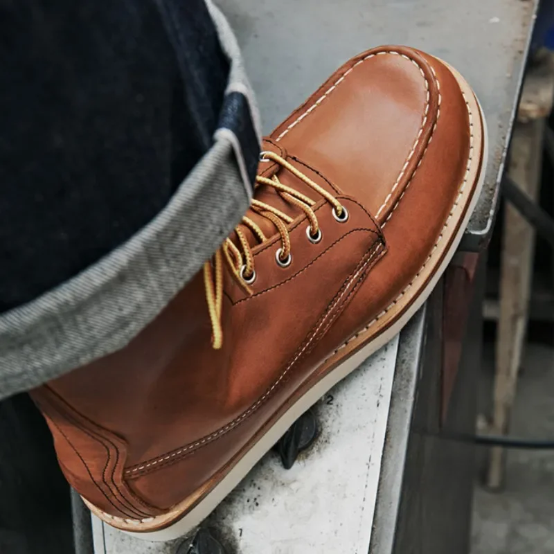 Handmade High Top Shoes Mens Vintage Round Toe Genuine Leather Casual Mid Calf Boots Spring Autumn Thick Platform Cowhide Boots