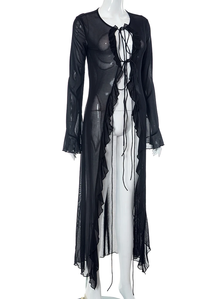 Tops largos de malla para mujer, cárdigan de verano liso con cuello bajo y mangas largas con volantes, abrigo sexy transparente, ropa de tendencia