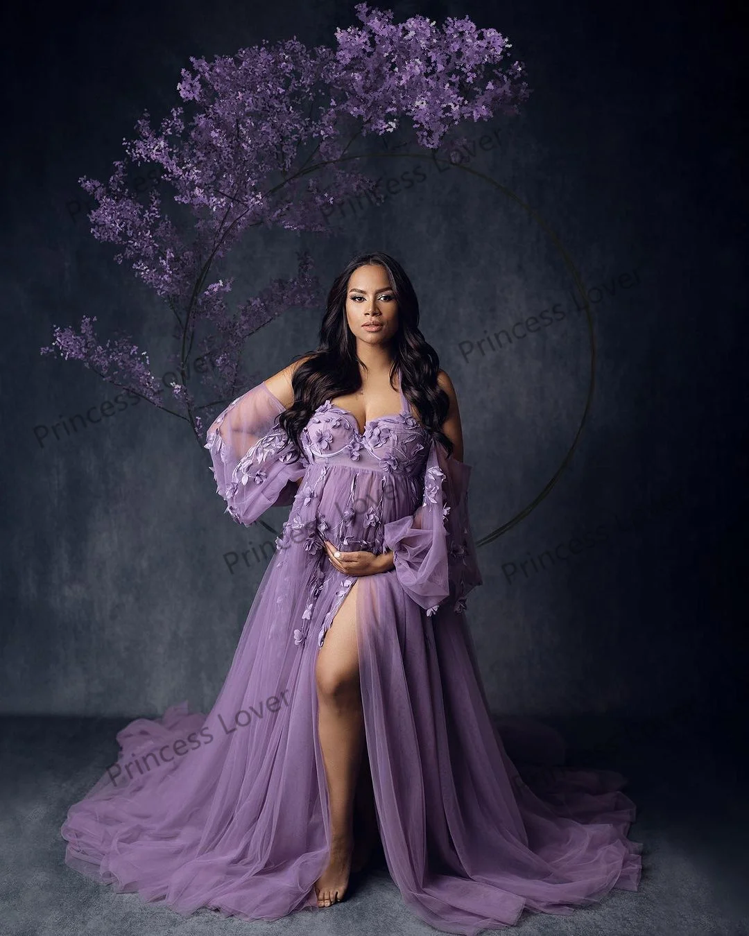Fashion Lavender Prom Dresses Tulle Side Slit Pregnancy Photography Dressing Gown Puff Long Sleeves Appliqued Maternity Robes