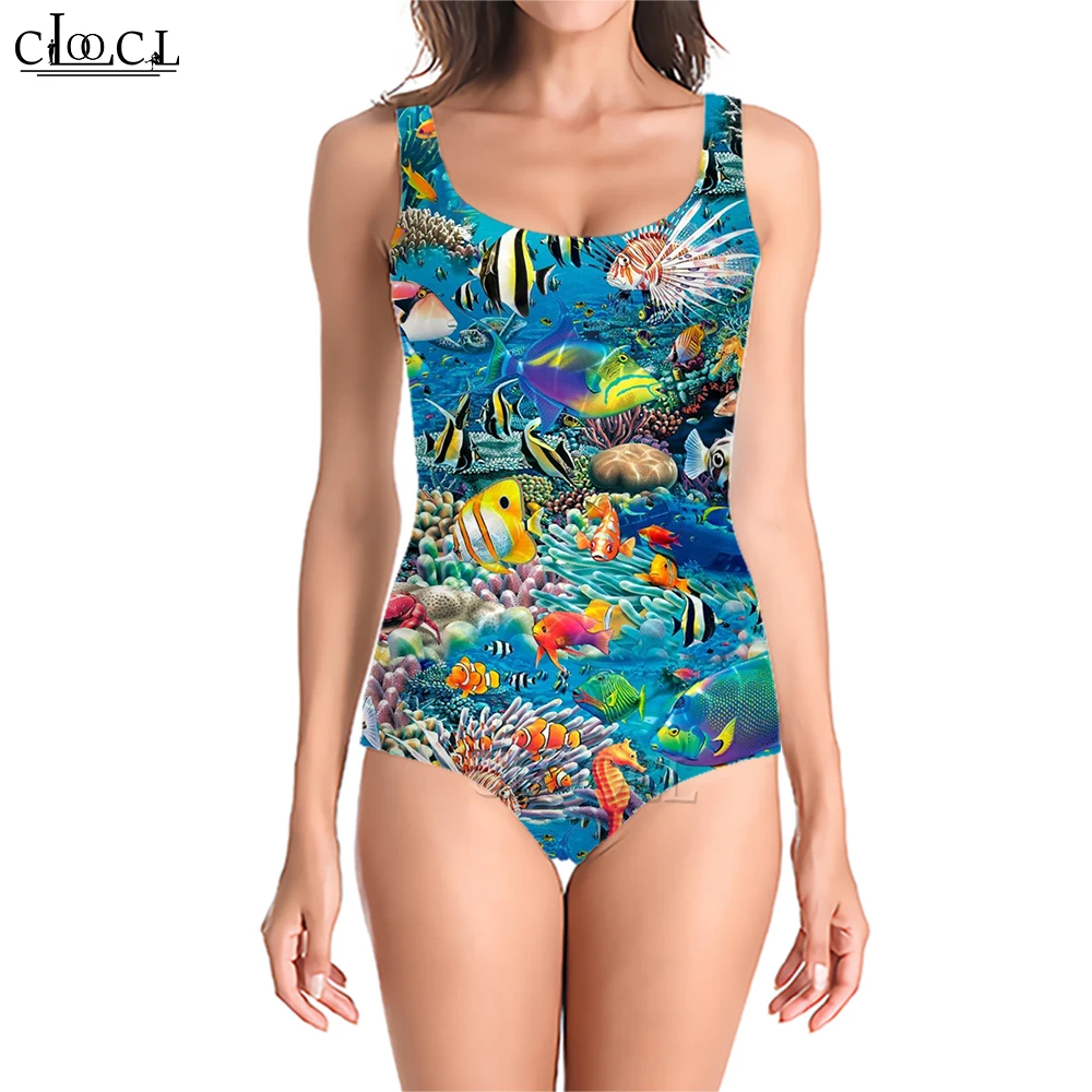 

CLOOCL Women Swimsuit Monokini Marine Fish Print Swimsuit Low Neck Sleeveless Summer Fashion Push Up One-Piece Bodysuit