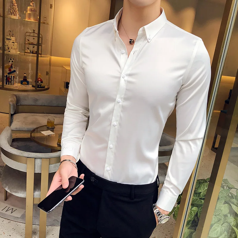 Men's Shirt Neckline Embroidery Long Sleeve Casual Slim Men's Dress Shirt Solid Color Formal Business Social Clothing Top long sleeve shirt