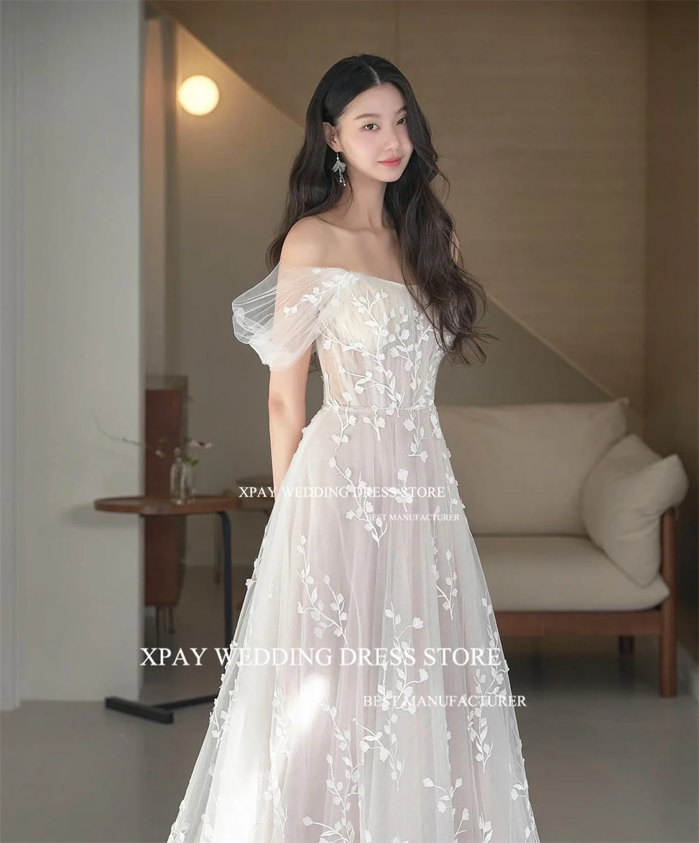 XPAY Princess Off Shoulder Korea Wedding Dresses A Line Lace Appliques Bridal Gown Backless Customised Photo Shoot Bride Dress 3