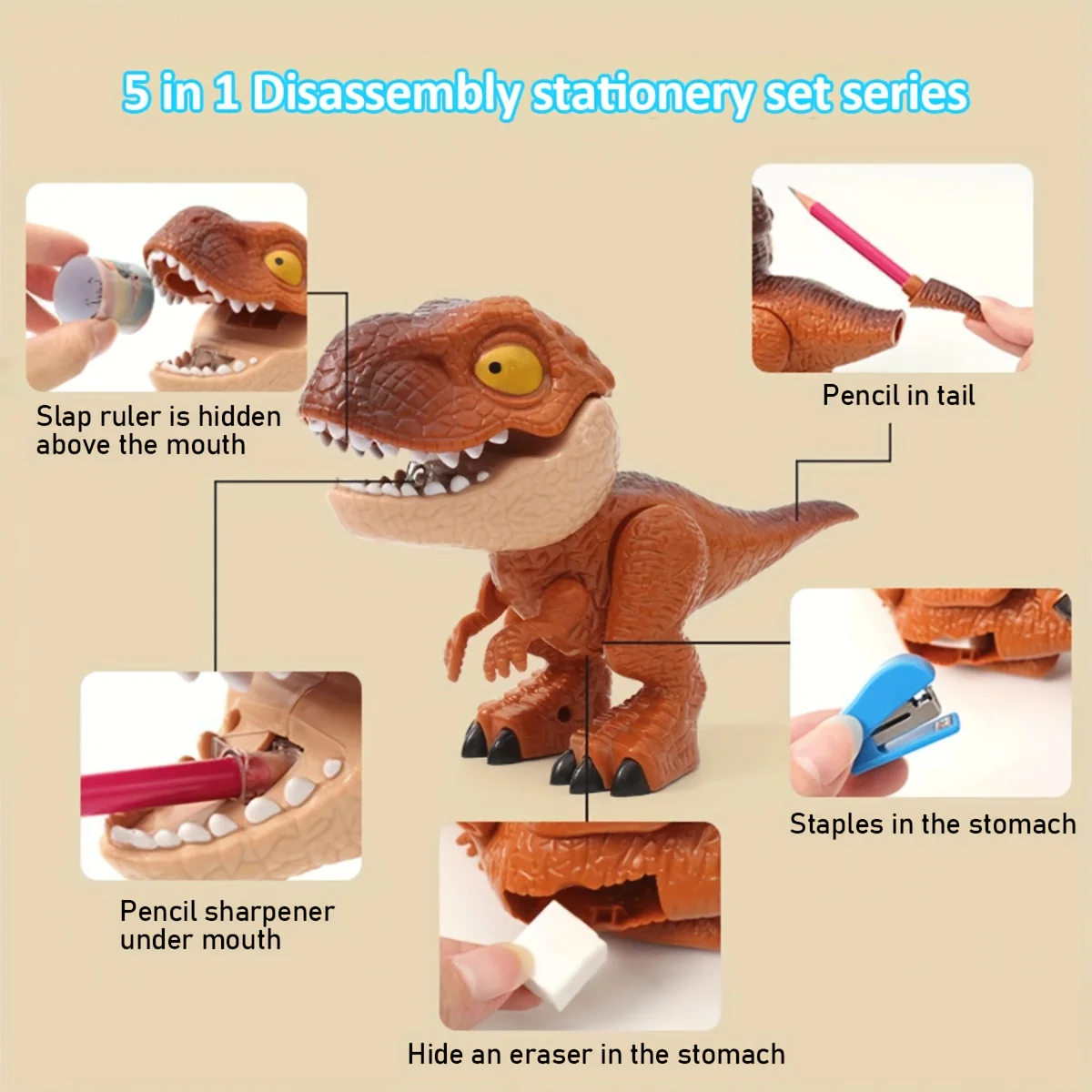 Set cancelleria dinosauro 5-in-1 con righello e temperamatite_voghion.com
