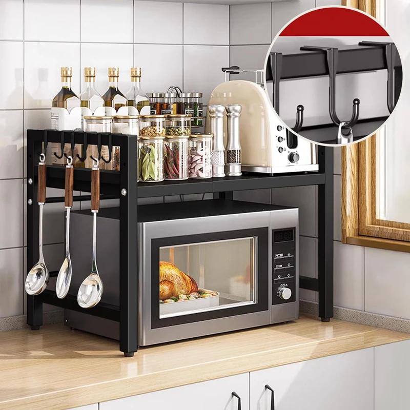 

Microwave Rack Adjustable Stand 2-Tier With Storage Shelf Heavy Duty With 6 Hooks