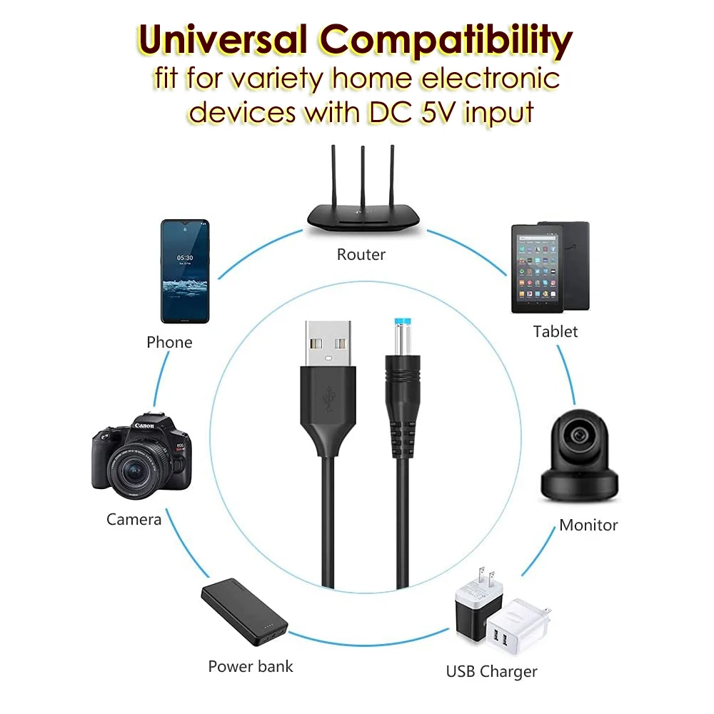 Universal USB Charging Cable with Versatile DC Plug Adapters, 1.5m/5ft