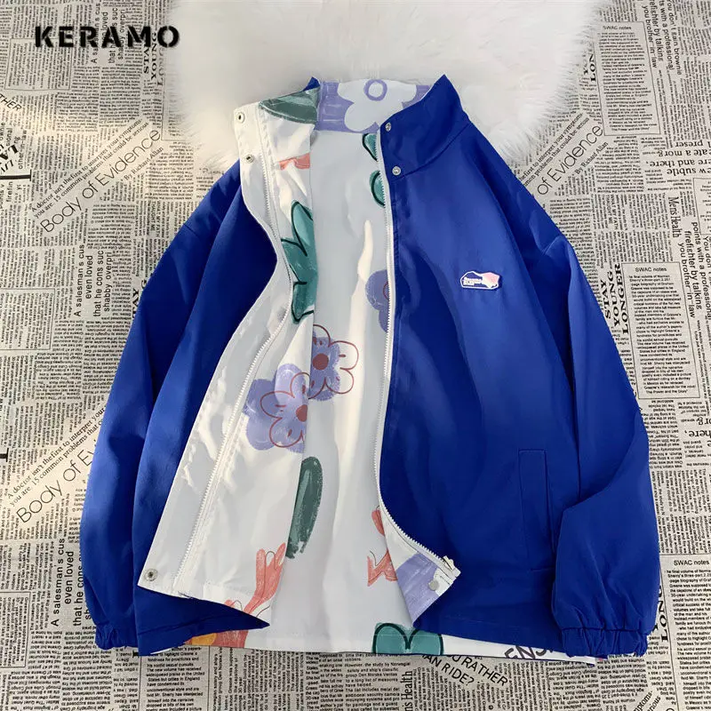 

2023 Autumn Winter Sporty Style Zipper Round Neck Blue Jacket For Women Young Outerwear Fashion Retro Y2K Long Sleeve Coat