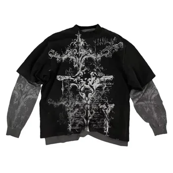 2000s American Skull Pattern Long sleeved T shirt Fashion Round Neck Oversized T shirt New Mens Casual Gothic Clothing Tops 1