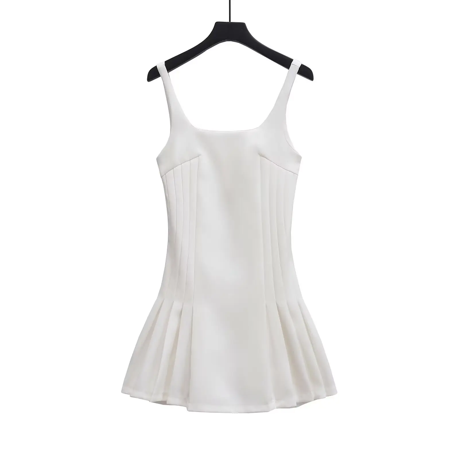 

Women's new fashion wide pleated design slim fit backless mini dress retro sleeveless wide shoulder strap women's dress Mujer