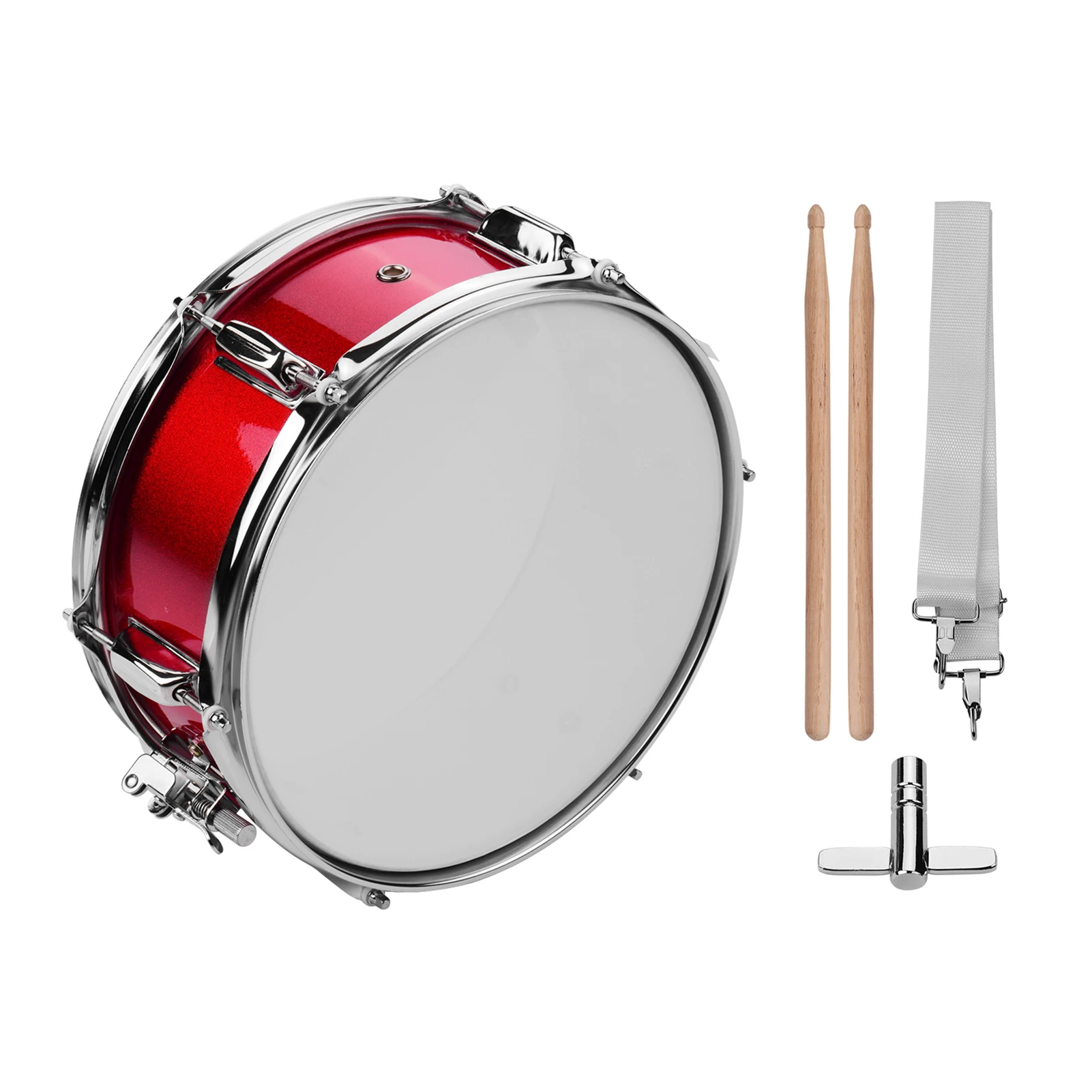 12inch Snare Drum Head with Drumsticks Shoulder Strap Drum Key for Student Band Red Color