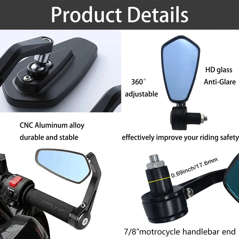Motorcycle Mirrors 2x 7/8" 20mm Rear View Anti-Glare HD Motorbike Handlebar End Side for Scooters ATV Bike Motorcycles