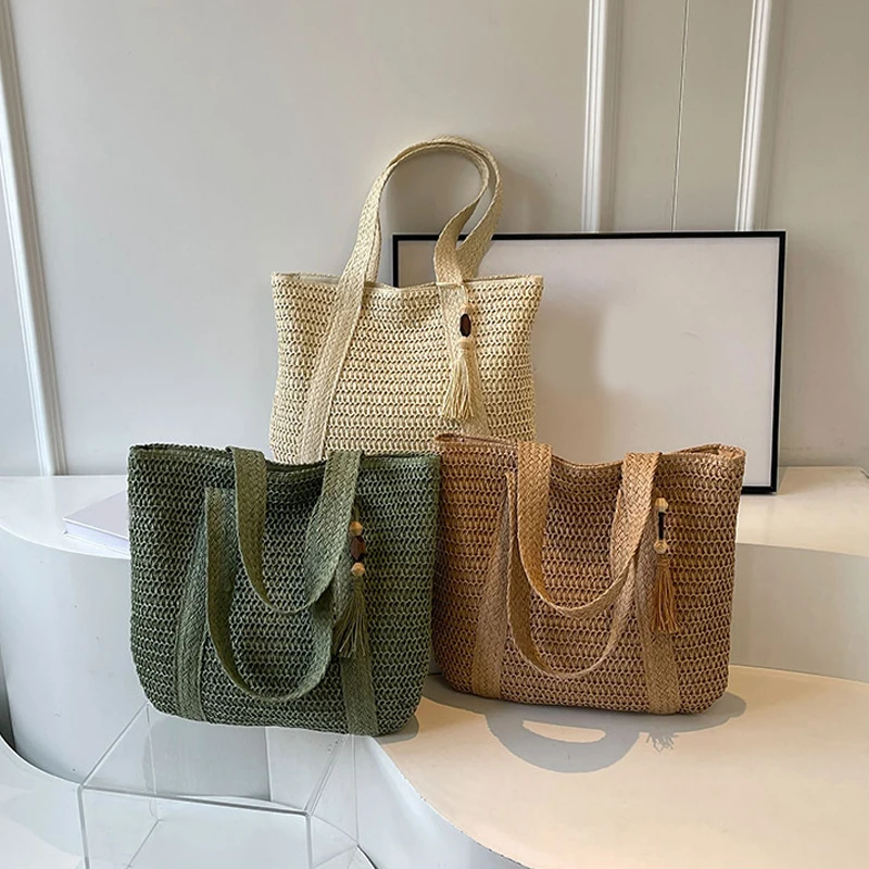 Summer Straw Bag for Women Handmade Woven Shoulder Bag Large Capacity Tote Bags with Pendant Armpit Bag Top-handle Handbag Purse