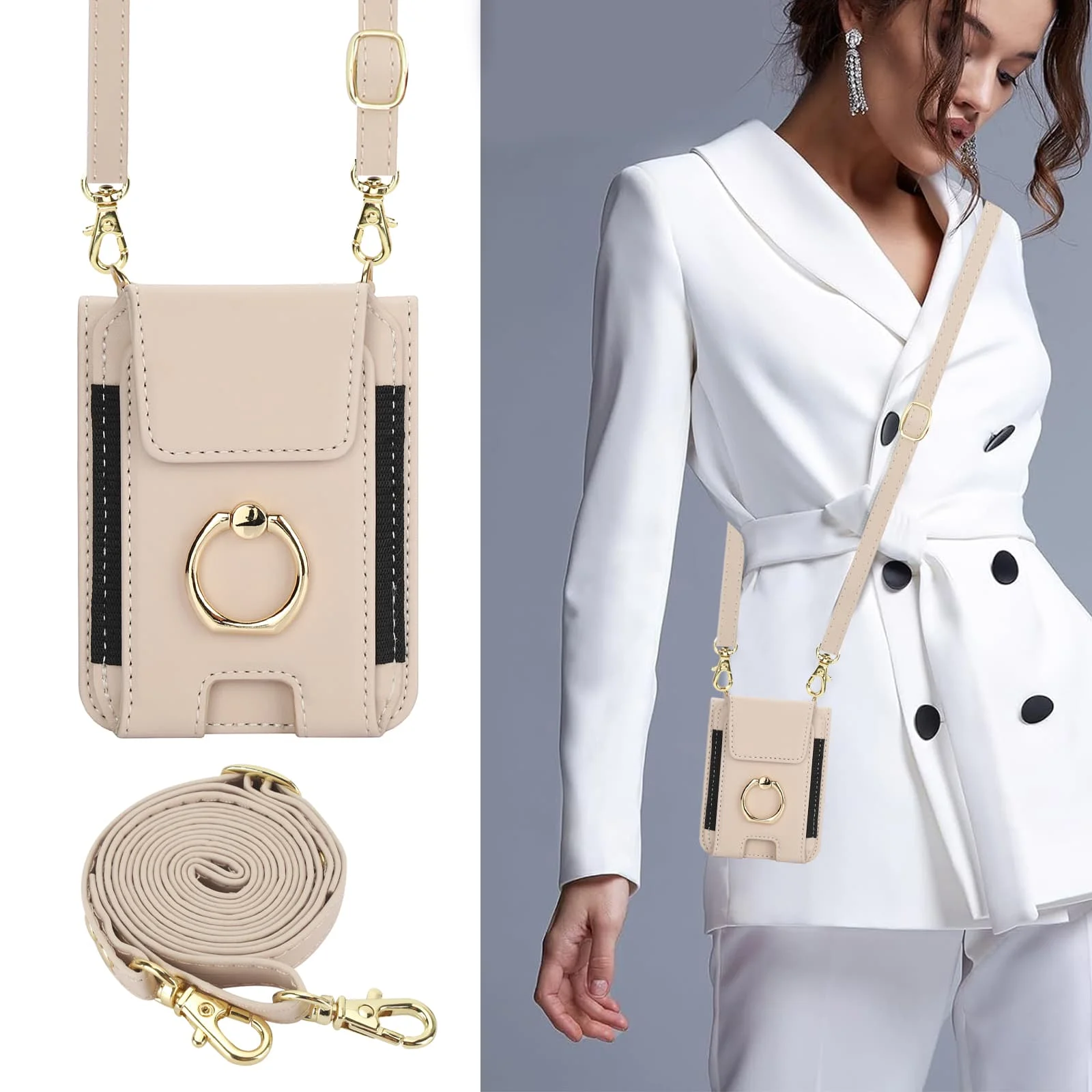 Crossbody Leather Wallet Case with Ring Holder & Card Slot - Long Lanyard Design