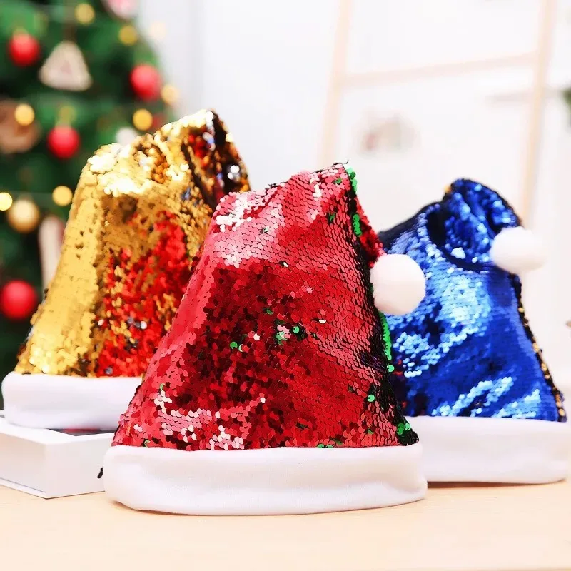 Christmas decoration supplies, double-sided flip sequin hat, colored bead pick, adult dance party, Santa Claus Christmas hat